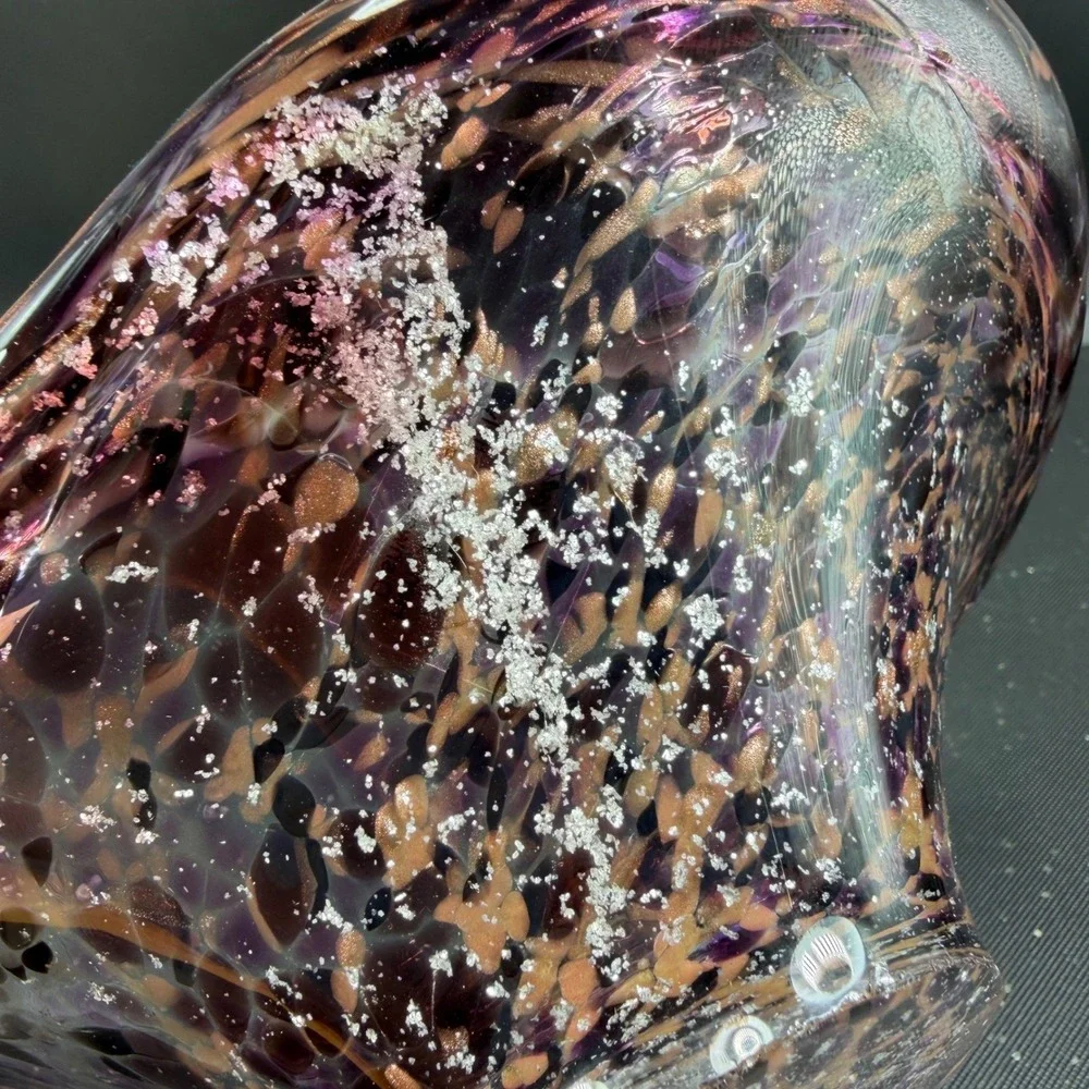 Julia Knight Hand Blown Italy Art Glass Bowl Dish Purple Amber‎ Silver Confetti